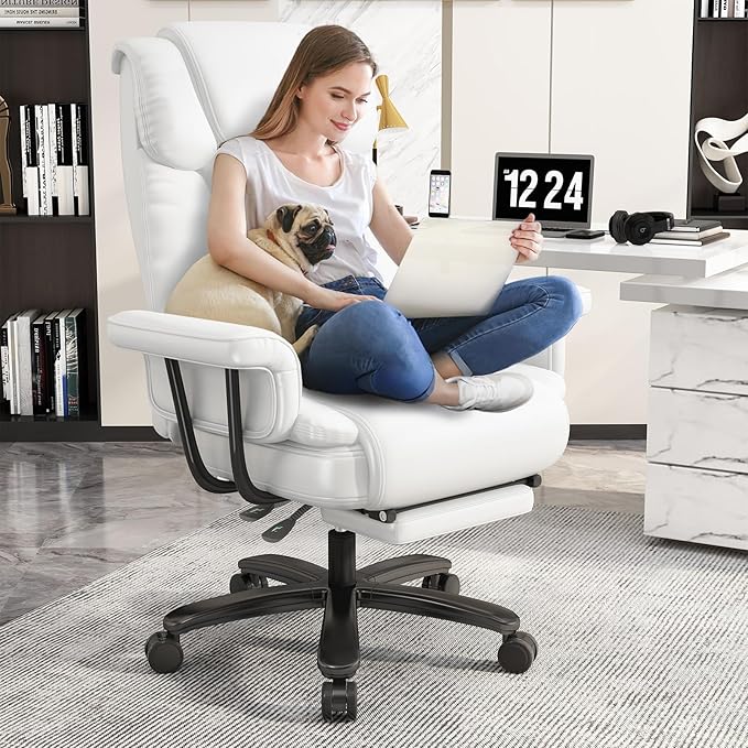 GYI Criss Cross Chair with Wheels, 160°Big and Tall Reclining Office Desk Chair with High Back, Wide Seat, Arms, Footrest, White