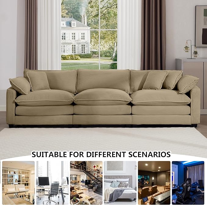 Aoowow Corduroy 3 Seater Sofa Couch,Modern Large Cloud Couches for Living Room,Modular Sectional Cloud Sofas with Deep Seat,Oversized Tufted 3 Seat Sofa Set. (Tan, 3 Seater)