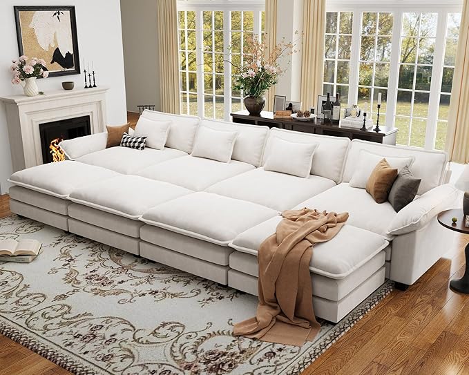 CDCASA 154" Oversized Modular Sectional Sofa Bed, Comfy Cloud Couch w/ 4 Movable Ottoman, 8-Seater Velvet Deep Seat Sofa Bed Modern Sofa Couch for Living Room, DIY Combination, Beige