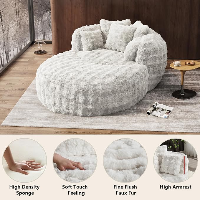 Oversized Chaise Lounge Chair Indoor with Ottoman 55" W x 75" L Round Reading Chair Plush Faux Fur Corduroy Cloud Circle Boneless Chair with 5 Pillows for Living Room - Beige White