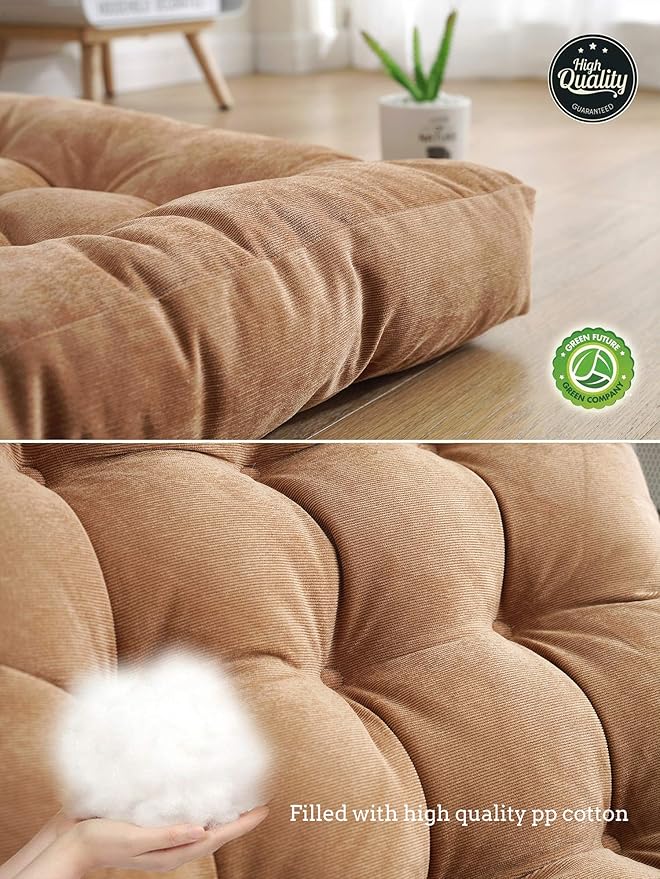 Sexysamba Square Floor Seat Pillows Cushions 22" x 22", Soft Thicken Yoga Meditation Cushion Pouf Tufted Corduroy Tatami Floor Pillow Reading Cushion Chair Pad Casual Seating for Adults & Kids, Khaki