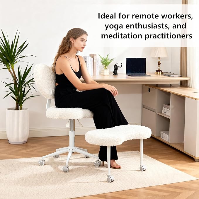 Meditation Chair with Lumbar Support,360° Swivel Cross Legged Chair with Wheels, Ergonomic Cross Legged Office Chair for Adults with ADHD, Height-Adjustable Yoga Chair, Faux Fur, Beige