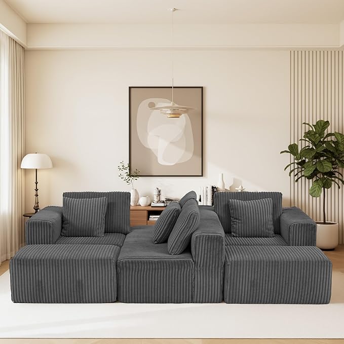 132" U Shaped Modular Sofa, 4-Seater Sectional Cloud Couch with Chaise, Soft Corduroy Boneless for Living Room, No Assembly Required, Free Configuration,Grey