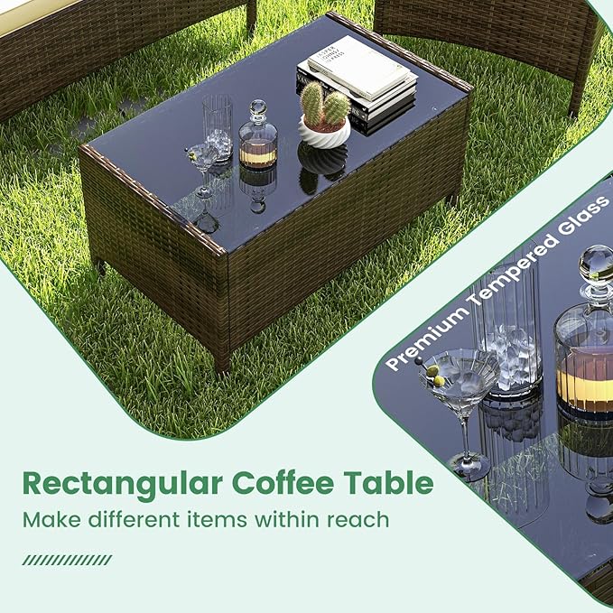 RELAX4LIFE 4-Piece Patio Furniture Set - Rattan Outdoor Conversation Bistro Set w/Cushions, Glass Coffee Table, Wicker Chairs & Loveseat for Garden Backyard Porch, Balcony Furniture Set (1, Beige)