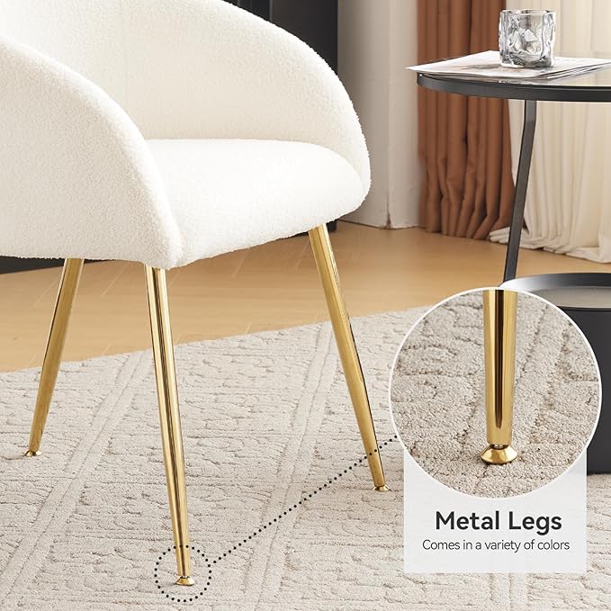 Modern Small Accent Chair Set of 4, Comfy Sherpa Makeup Vanity Chair with Golden Metal Legs, Decorative Dining Chair no Wheels for Living Room, Dressing Room, Bedroom, White