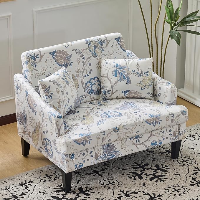 Bezseller Oversized Accent Chair, 33.5'' Wide Seat Comfy Armchair with 2 Pillows, Upholstered Big Reading Chair, Modern Single Sofa Chair for Living Room Bedroom Apartment Office, Blue Floral