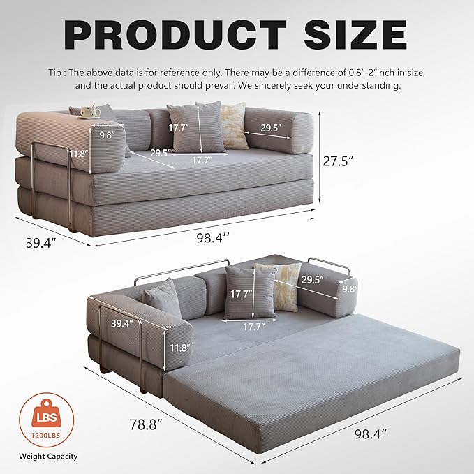 LIAROO 98.4" Convertible Sofa Bed - Compression Sofa with Corduroy Fabric - with Armrests and Backrest - Modular Sectional for Living Room, Bedroom, Studio - Compression Sofa in Box (Grey)