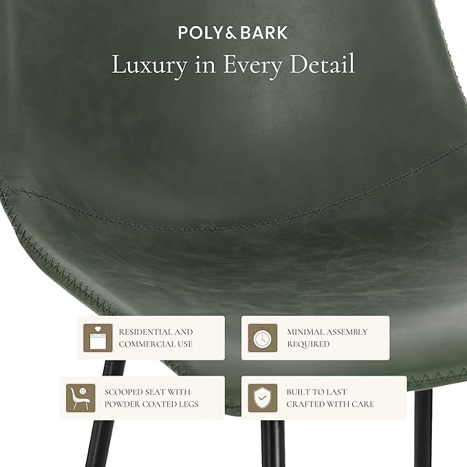 Poly & BARK Paxton Leather Counter Stools 24 Inches – Set of 3 - Counter Height Bar Stools – Barstools for Kitchen Island or Counters – Faux Leather & Matte Black Steel Base – Distressed Green Velvet