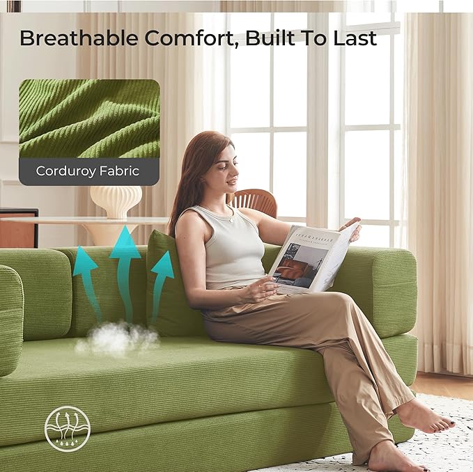 79" Convertible Sofa Bed with Pillows, Corduroy Folding Sleeper Sofa with Fixed-Shape Frame, Boneless Couch for Living Room Bedroom, Floor Sofa Lounge No Assembly Required (A - Style - Olive Green)