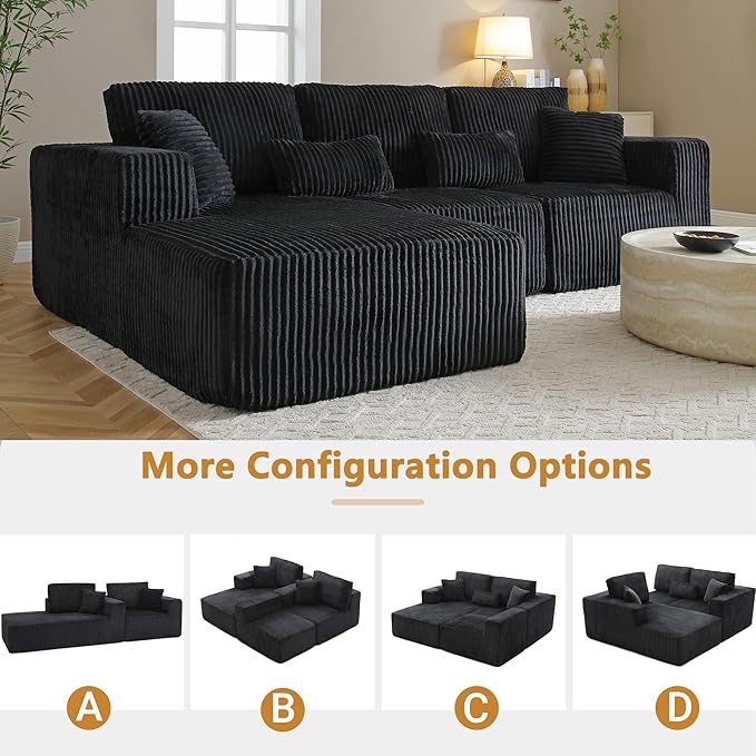 110” Modular Sectional Sofa, Cloud Sectional Couch with Deep Seat, Upholstered Boneless Couches for Living Room, Modern Modular L-Shape Sofa Couch with Chaise (Black, 110" Left Facing Chaise)