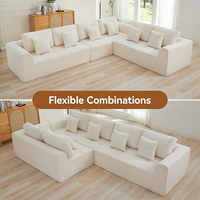 140'' Boneless Modular Couches for Living Room, Compressed Cloud Sectional Modern Sofa, L Shaped 6 Seater Upholstered Memory Foam Oversized Sofa, No Assembly, Chenille Beige