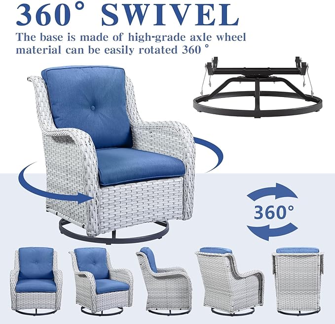Belord Outdoor Swivel Rcoker Patio Chairs - Outdoor Swivel Patio Chairs Set of 2 Wicker Chair Patio Furniture Sets with Covered Cushion for Porch Deck Balcony Garden, Blue Cushion