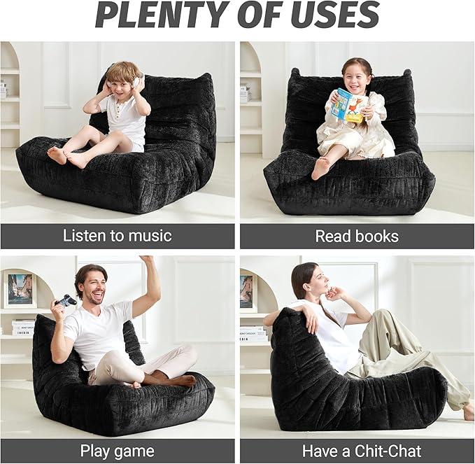 Homguava Bean Bag Chair, Giant Beanbag Chairs for Adults, Memory Foam Fireside Chair, Large Lazy Floor Sofa, Sofa Couch with High-Rebound Foam, Lounge Chair for Living Room, Bedroom (Black, Single)