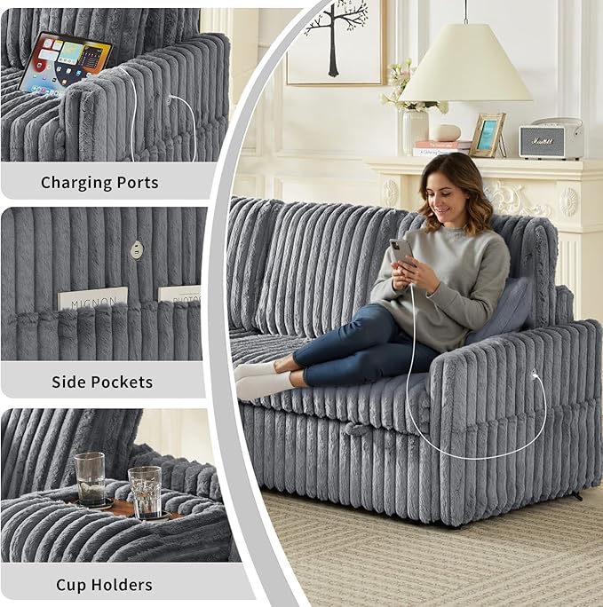 Sleeper Sofa Bed, 81” Pull Out Couch Bed with Reversible Storage Chaise, 3 in 1 L-Shaped Couch with Charging Station, Cup Holder, Side Pocket, Plush Corduroy Couches for Living Room(Light Grey)
