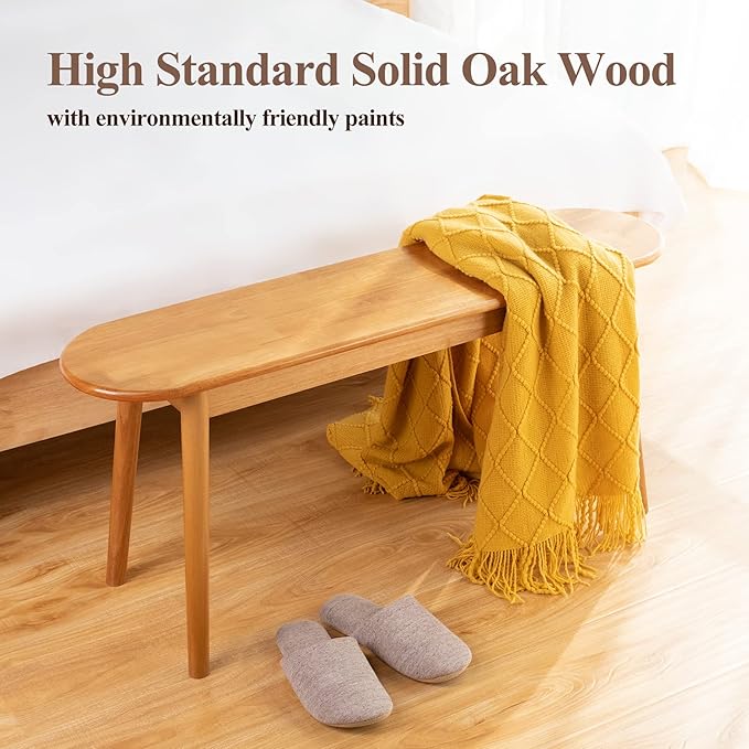 Cttasty Entryway Bench, Solid Wood Dining Bench, Midcentury End of Bed Bench w/Rounded Corner, Outdoor Bench w/Robust Construction, Bedroom Bench, 10.24" W x 17.72" H（Natural 47.2inches）