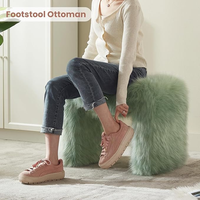 Vanity Stool Chair Small Footstool Ottoman Faux Fur Seating Backless Modern Foot Rest Ottoman Furry for Makeup Room Living Room Bedroom Entryway,Green (Single 1)