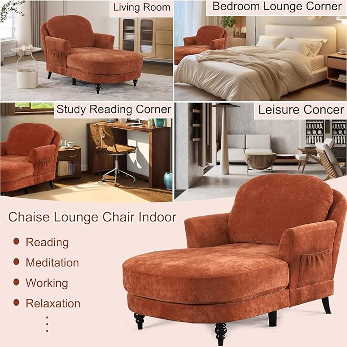 Chaise Lounge Chair Indoor, 59.8"Oversized Couch Reading Chairs, Chenille Comfortable Deep Sleeping Single Sofa, Upholstered Modern Couch Sofa Bed for Living Room, Bedroom & Apartment (Orange)