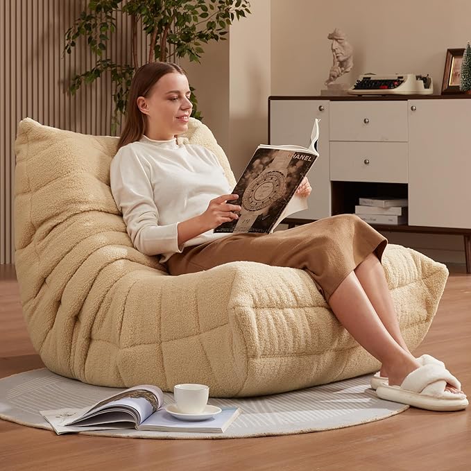Bean Bag Chairs for Adults Giant Bean Bag Chair Memory Foam BeanBag Chair Bean Bag Sofa with Filler Faux Fur Fireside Beanbags Lazy Sofa for Living Room Bedroom Office (Khaki Teddy, Single)