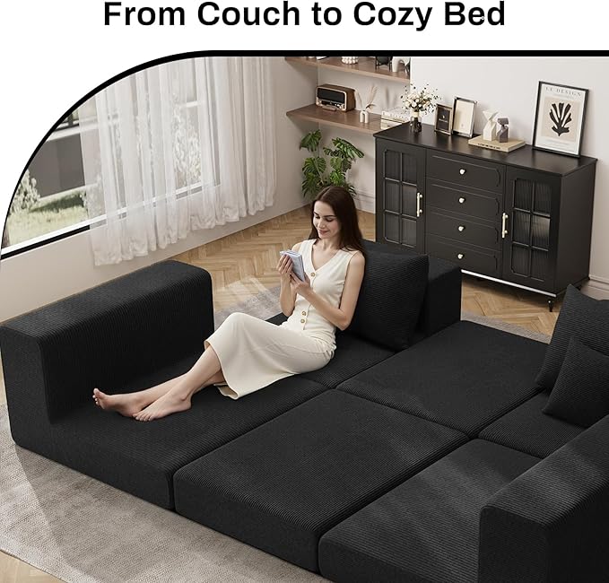 DAMAIFROM 80" Convertible Sleeper Sofa Bed with Soft Pillow, Corduroy Folding Mattress Couch with L-Shape Chaise, Modular Floor Sofa Lounge Couch for Living Room Bedroom Lounge (Black)