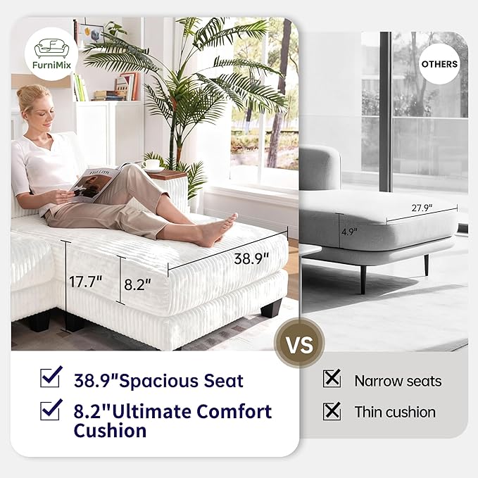 FurniMix 4-Seat Corduroy Sectional Sofa with Swappable Chaise, Soft Upholstery, Wide Seats & Armrest Storage,White