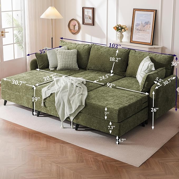 Rexulqo 104'' Modular Sectional Sofa with All Seats Storage, Oversized Sleeper Sofa Bed,3-Seater Comfy Cloud Couch with Movable Ottoman,Big Sectional Couches for Living Room Bedroom,Velet,Green