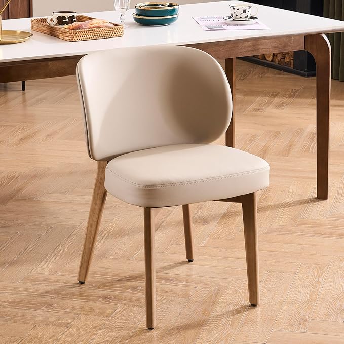 YOUNUOKE Dining Chairs Set of 2, Modern PU Leather Dining Room Chair with Wood Legs, Widen Backrest Upholstered Comfy Armless Side Kitchen Chairs, Khaki