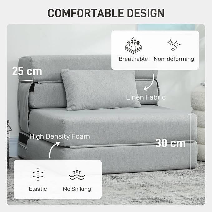 HOMCOM Folding Sofa Bed, Sleeper Chair with Pillow, Modern Linen Convertible Chair Bed, Fold Out Floor Futon Couch for Living Room, Dorm, Guest Use, Home Office, Light Gray