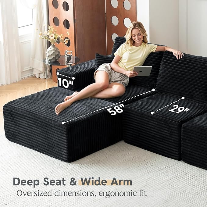 MODNEST 108" Modular Sectional Sofa Cloud Couch with Deep Seats, L Shape Couch with Chaise and Movable Ottoman, Sectional Couches for Living Room, Comfy Boneless Couches No Assembly Required, Black