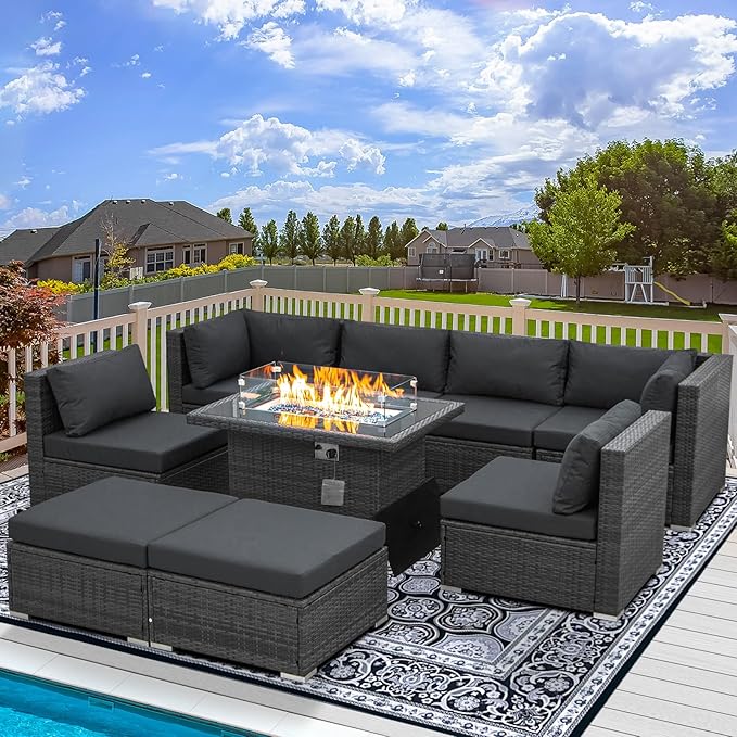 RADIATA 9 Piece Wicker Patio Furniture Set with Fire Pit, All-Weather Outdoor Sectional Couch High Back Large Size, Modular Backyard Seating Sofa Set with Propane/Natural Gas Firepit Table, Dark Grey