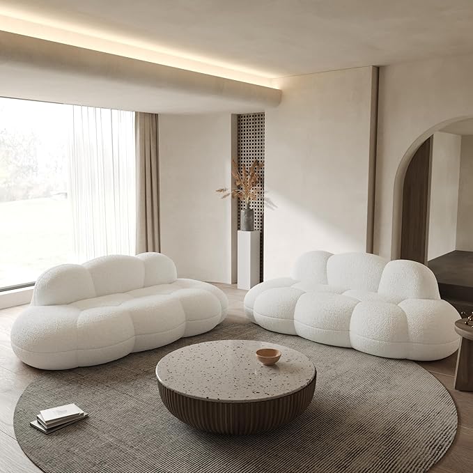 WJShome 90" Modern Curved Couch Cloud Shaped Sofa for Living Room,Lazy Floor Couch, Boucle LoveSofa, Cozy Leisure Boneless Chaise Lounge, Apartment-No Assembly Required(White)