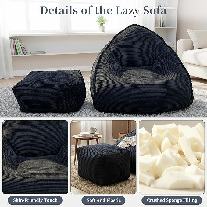 Ultra Soft Bean Bag Chair for Adults with Ottoman, Oversized Floor Sofa for Living Room, Gaming, Lounging, Napping (Black)