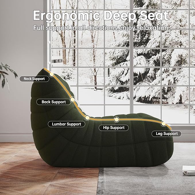 Bean Bag Chairs for Adults, BeanBag Reading Chair Memory Foam Couch 3-Seater, Floor Chair Soft Teddy Material, Comfy Reading Nook Chairs for Bedroom Living Room Office (Green)
