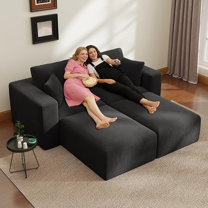 79" Modular Sectional Sofa, Cloud Couch Loveseat Memory Foam Boneless Couch with Ottoman, Cozy 2 Seater Corduroy Floor Couch, No Assembly Required Living Room Furniture for Apartment, Black
