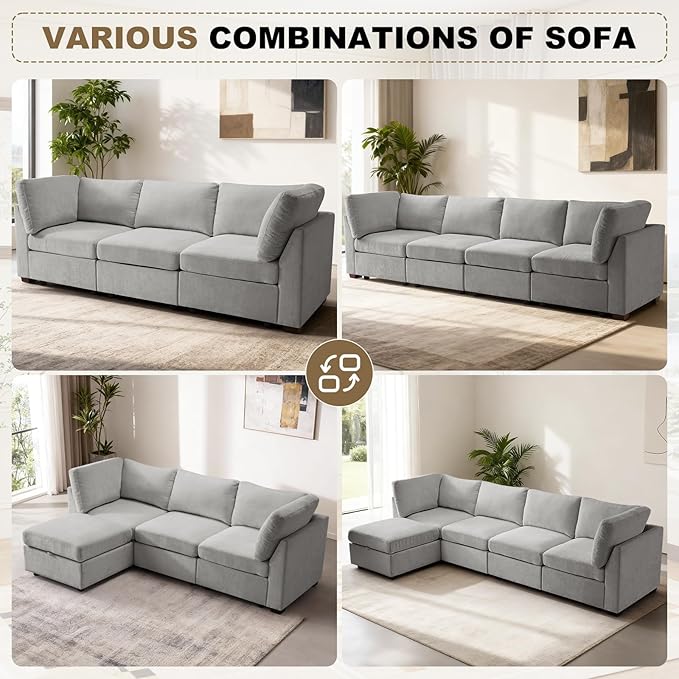 EDILLY 94 inches Oversized Modular Sectional Fabric Cloud Sofa Set, Extra Large L Shaped Couch Reversible Chaise Couch,3 Seat Modular Sofa, Light Grey