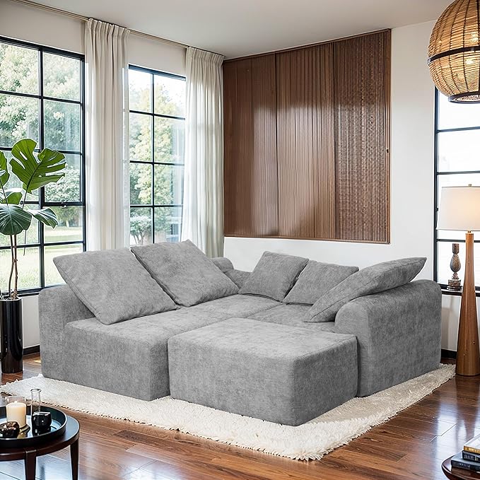 111.2" Boneless Couch,Cloud Sectional Sofa with L-Shape Chaise,No Assembly,High-Density Memory Foam,Chenille Comfy Sofa for Living Room, Bedroon and Apartment (Grey)