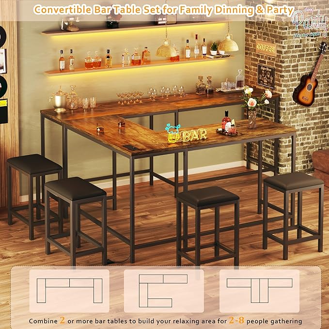 Bar Table and Chairs Set for 2-4, 63'' Convertible L-Shaped Kitchen Table with Power Outlets, 3 Piece Counter Height Small Dining Table with 2 Stools, Space Saving, Breakfast Nook Corner, Rustic Brown