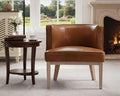 Comfy Barrel Chair Mid-Century Modern Accent Chair with Solid Wood Leg Upholstered Reading Arm Chair Faux Leather Waiting Room Round Side Chairs for Small Spaces Living Room Bedroom Office, Brown