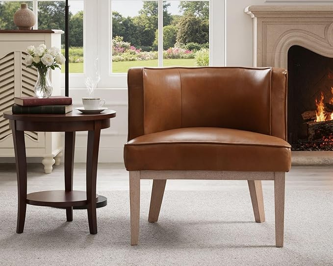 Comfy Barrel Chair Mid-Century Modern Accent Chair with Solid Wood Leg Upholstered Reading Arm Chair Faux Leather Waiting Room Round Side Chairs for Small Spaces Living Room Bedroom Office, Brown