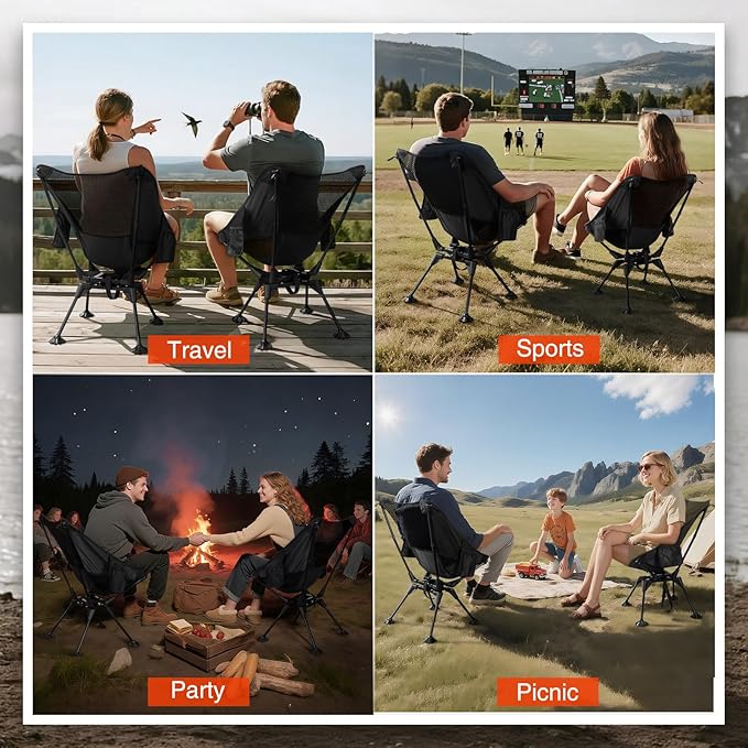 Trakiom 360° Swivel Folding Camping Chairs, Compact and Portable Chair for Outdoor Camp, Foldable Chairs with Anti-Sinking Large Feet for Travel, Beach, Picnic, Sports, Fishing Support 300 LBS(Black)