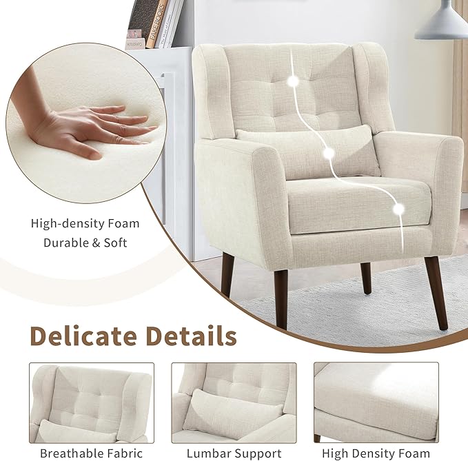 CHSICFOR Modern Accent Chair, Upholstered Arm Chair with Waist Pillow, Single Sofa Chair for Living Room Bedroom Small Spaces (Beige)