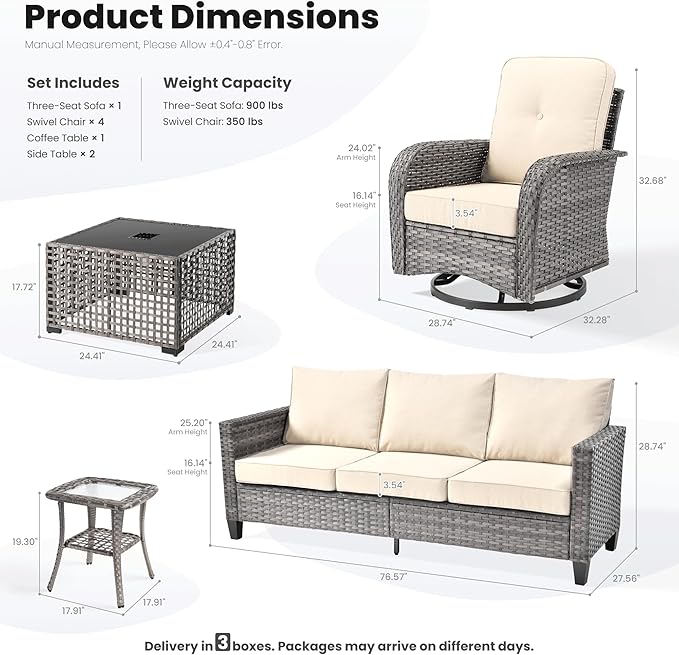 ovios 8 Pieces Patio Furniture Set, Outdoor Wicker Sofa Couch with Rocking Swivel Chairs Solar Lights Table, Modern Deep Seat Rattan Conversation Sets for Deck Porch, Beige