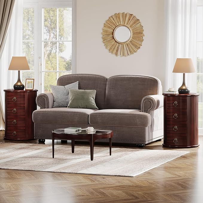 Tribesigns Solid Wood End Table Set of 2, Round Side Table with 4 Drawers, Vintage Bedside Table Nightstand for Small Spaces, Living Room, Bedroom, No Assembly Required (2, Cherry Brown)