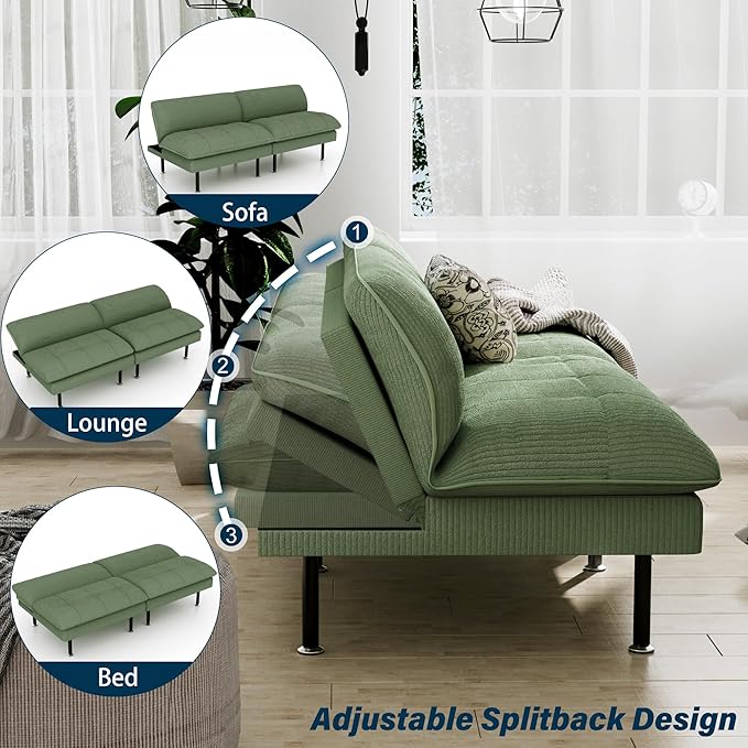 70" Futon Sofa Bed, 4 in 1 Multi-Function Couch Sleeper with Adjustable Backrest, Modern Convertible Futon, Recliner Small Loveseat for Living Room, Dorm, Green