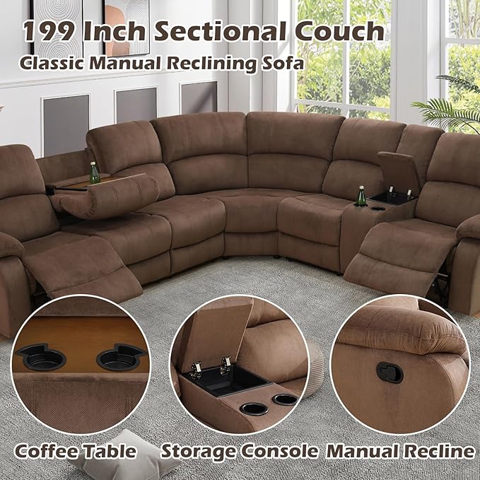 SIENWIEY Manual Recliner Sectional Sofa for Living Room,L Shaped Reclining Sectional Corner Couch with Loveseat,Brown Fabric Recliner Sofa Set with Storage Console/Drop Down Coffee Table/Cup Holders