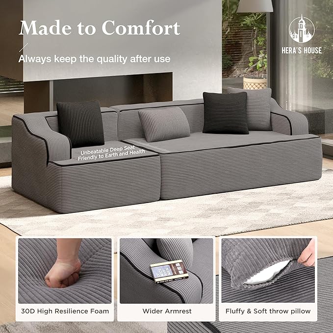 HERA'S HOUSE 105" Cloud Sectional Couch, Modular Upholstered Sofa with Wide Armrest, Corduroy Boneless Couches with 4 Throw Pillows for Living Room, No Assembly Required, Grey