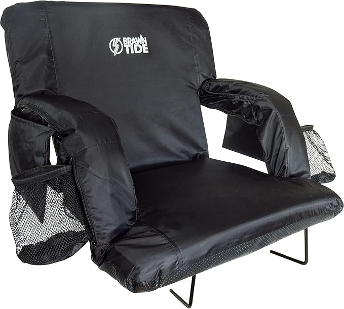 BRAWNTIDE Stadium Seat with Back Support - Comfy Cushion, Thick Padding, 2 Steel Bleacher Hooks, 4 Pockets, 2 Cup Holders, Reclining Back, Ideal Chair for Sport Events, Beaches, Camping, Concerts