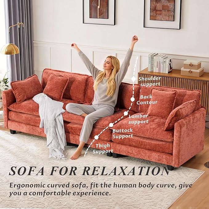 SoarFlash 113.78" Chenille Sectional Sofa, Comfy Modular Loveseat Sofa, Modern 3-Seat Couch Deep Seat Sofa Set for Living Room,Orange