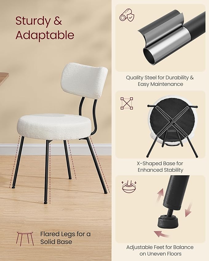 VASAGLE Boucle Dining Chairs Set of 2, Upholstered Kitchen Dining Room Chairs with Curved Backrest and Steel Frame, Modern Mid Century, Round, for Vanity, Living Room, Cream White UKDC110W01