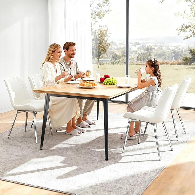 Brage Living Dining Chairs Set of 2, PU Leather Modern Armless Kitchen Dining Room Chairs, Upholstered Accent Side Chairs with Metal Legs (White with Silver Legs)