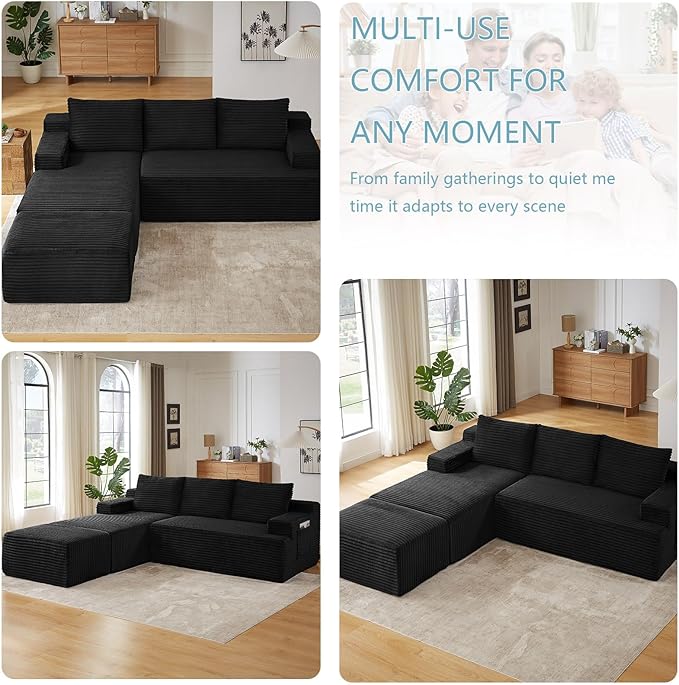 96" W Cloud Sectional Couch with Ottoman,Modern U-Shaped Cloud Couch with Side Pockets,Comfy Corduroy 3-Seater Sofa,Memory Foam Sofa for Living Room,No Assembly (Black,Left-Facing Chaise)